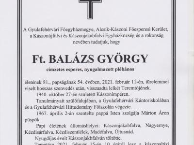 Elhunyt Balázs György c. esperes, nyugalmazott plébános
